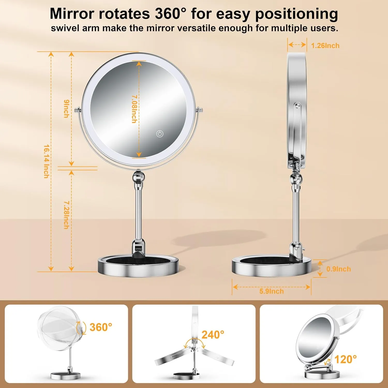 Lighted Makeup Mirror [Latest Version], Real 3000mah Rechargeable Double Sided 10x Magnifying Mirror with 3 Colors Tabletop Standing Vanity Mirror with Adjustable Height,Chrome