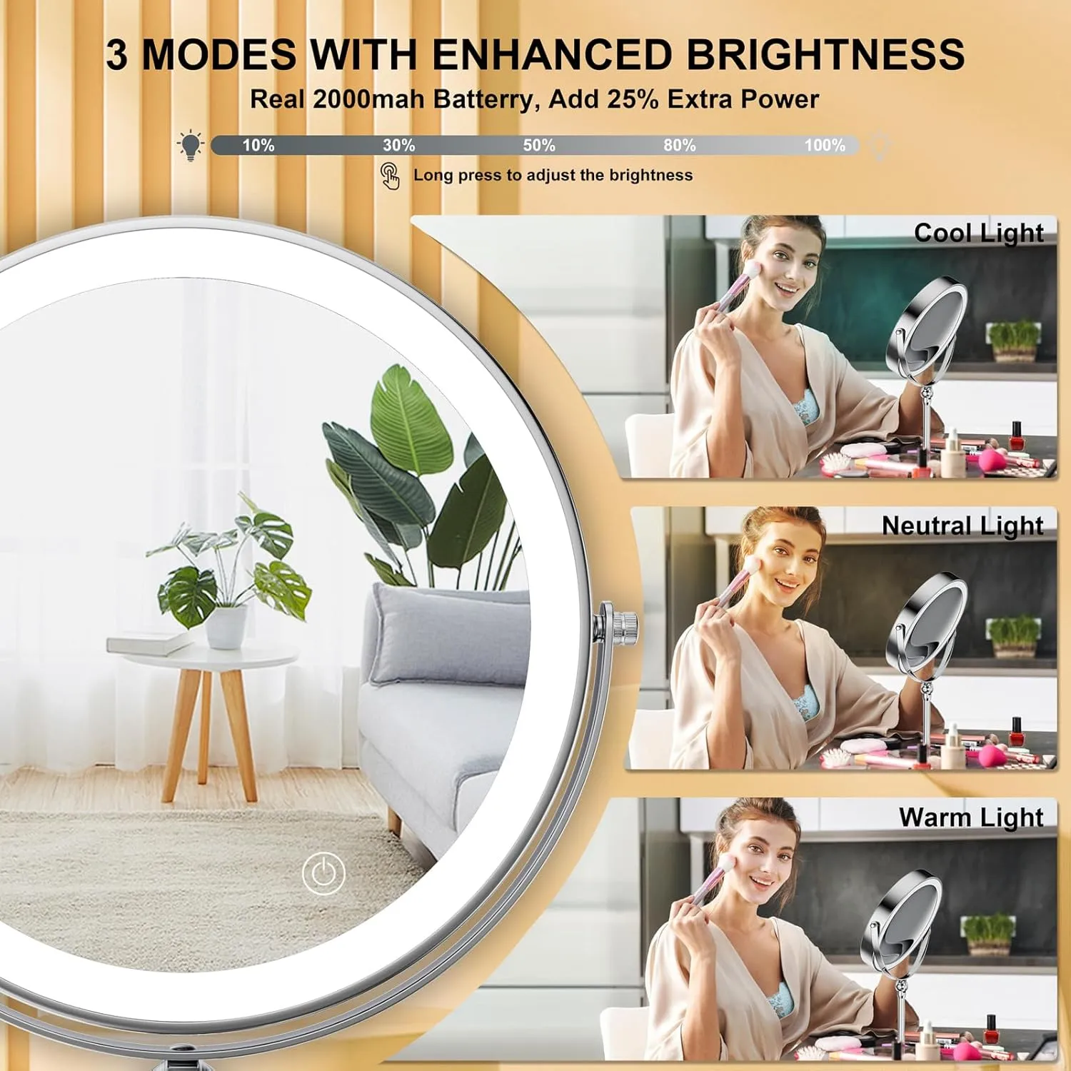 Lighted Makeup Mirror [Latest Version], Real 3000mah Rechargeable Double Sided 10x Magnifying Mirror with 3 Colors Tabletop Standing Vanity Mirror with Adjustable Height,Chrome