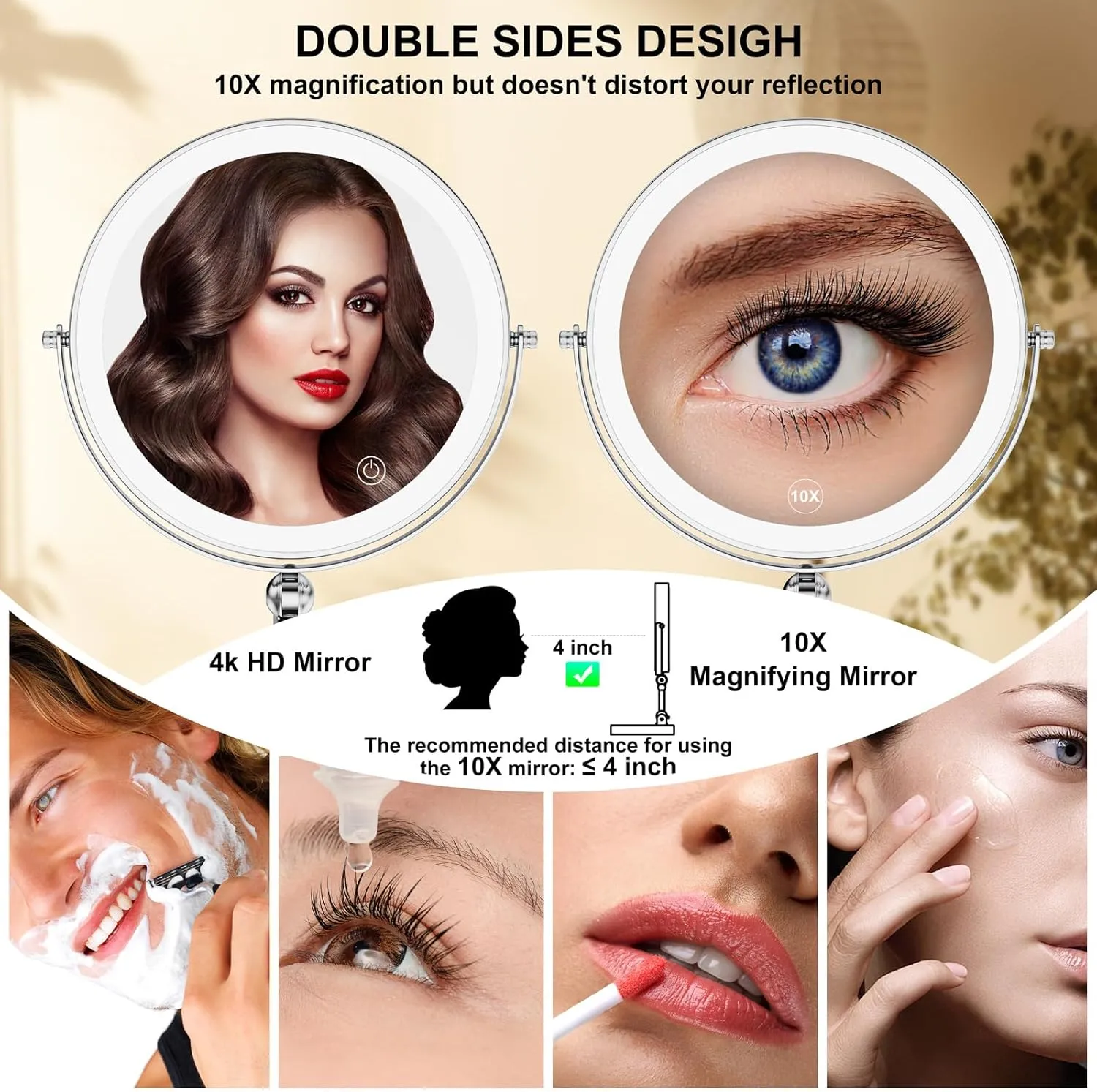 Lighted Makeup Mirror [Latest Version], Real 3000mah Rechargeable Double Sided 10x Magnifying Mirror with 3 Colors Tabletop Standing Vanity Mirror with Adjustable Height,Chrome