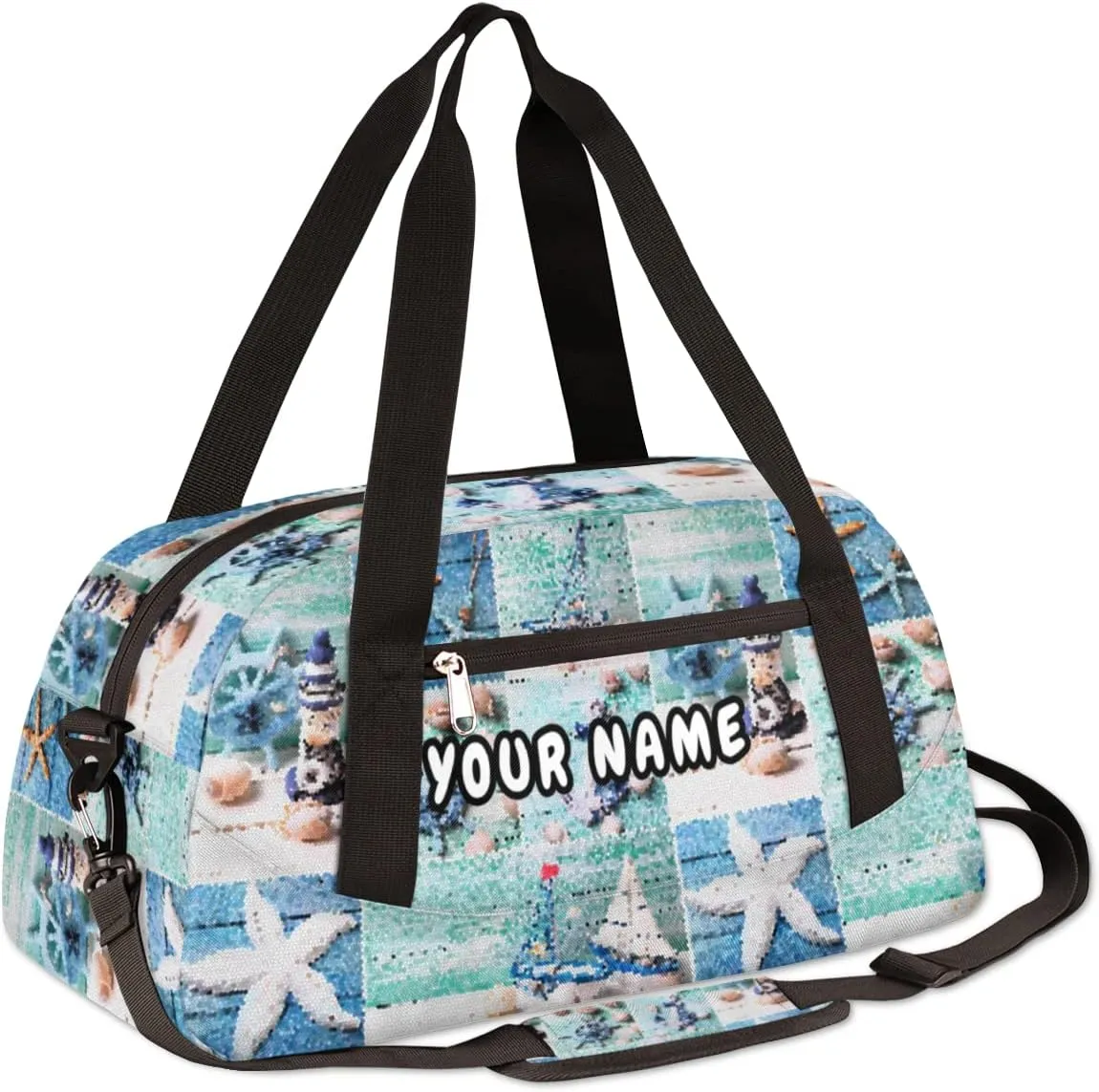 Lighthouse Sailing Ocean Theme Personalized Kids Duffel Bag for Girls Boys, Sea Debris Custom Name Dance Bag Overnight Small Duffel Bag Carry On Sports Travel Bag for School Practice Gymnastics Ballet