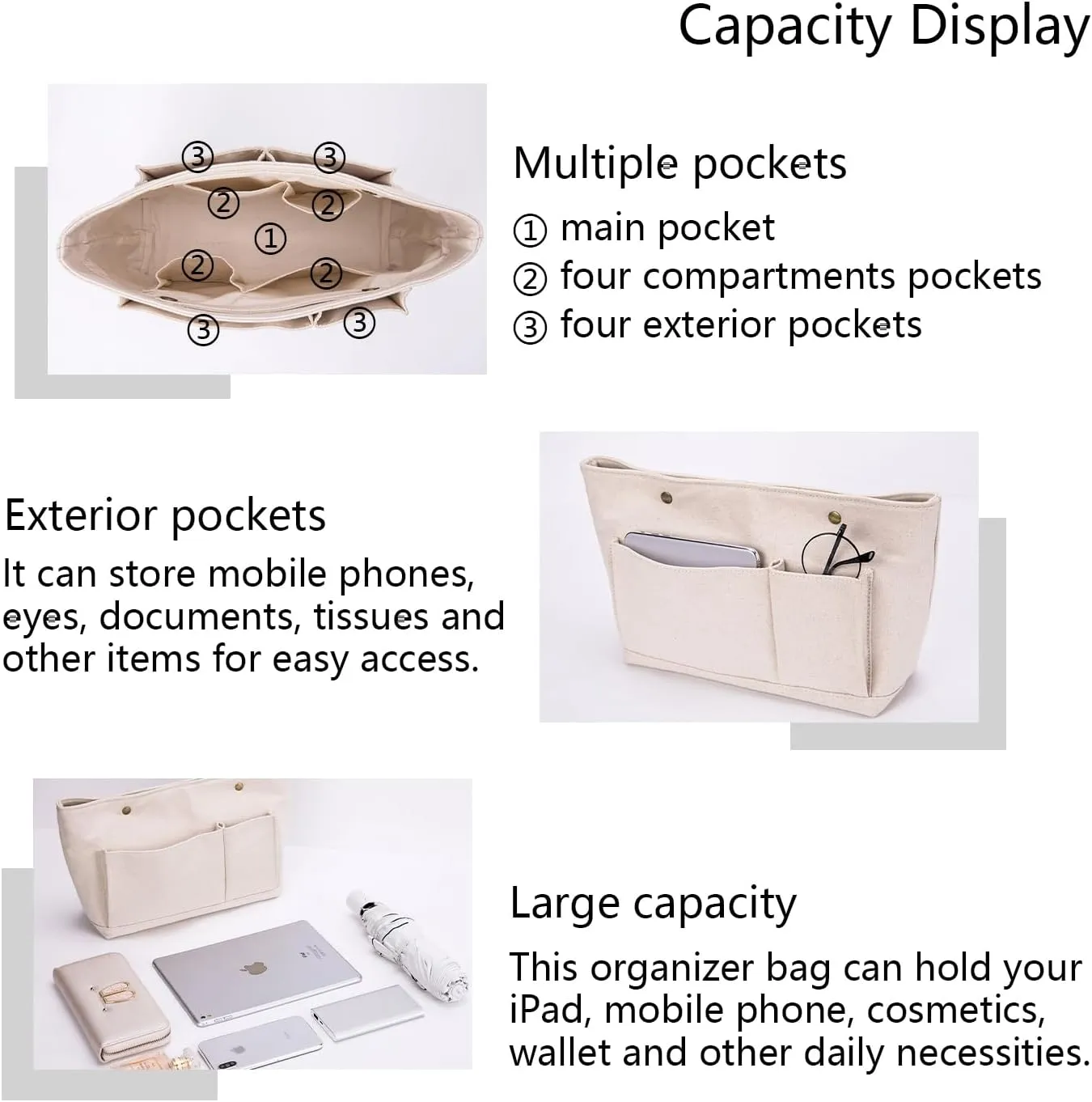Lightweight Handbag Organizers Insert with Multiple Pockets Handbag Organizer for Storage and Organization Cosmetic Bag Cotton Canvas (M, Beige)