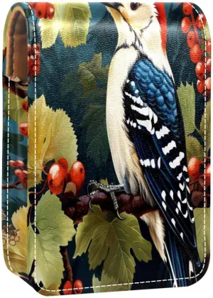 Lipstick Case Woodpecker Bird on Red Berries Branch Prints Mini Lipstick Holder Organizer Bag With Mirror for Purse Travel Cosmetic Pouch