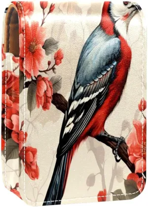 Lipstick Case Woodpecker Bird on Red Berries Branch Prints Mini Lipstick Holder Organizer Bag With Mirror for Purse Travel Cosmetic Pouch