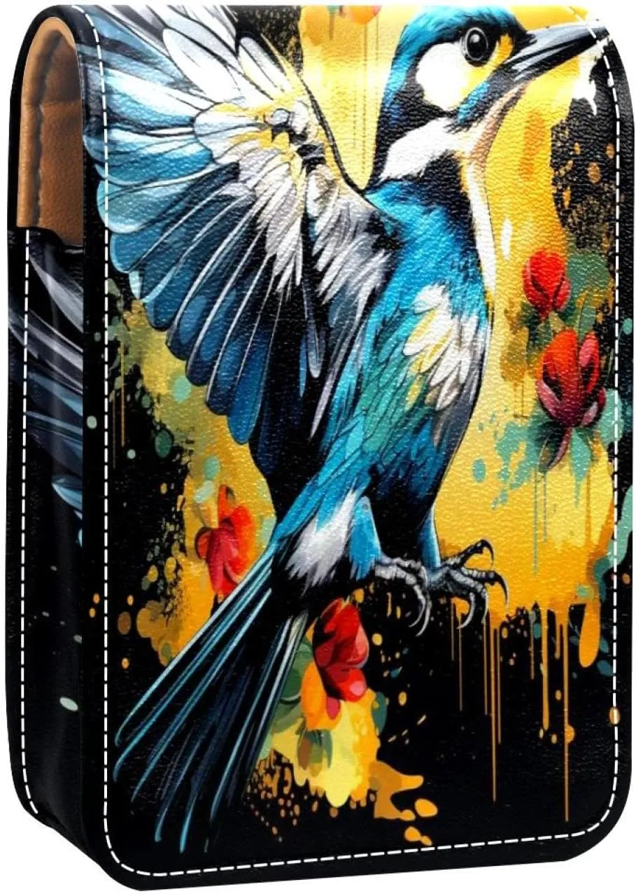 Lipstick Case Woodpecker Bird on Red Berries Branch Prints Mini Lipstick Holder Organizer Bag With Mirror for Purse Travel Cosmetic Pouch