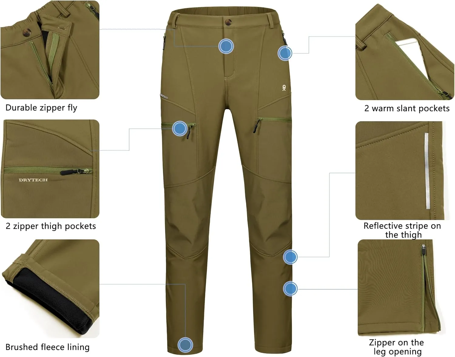 Little Donkey Andy Men's Fleece Lined Hiking Ski Snow Pants, Winter Windproof Softshell Pants, Warm and Water Repellent