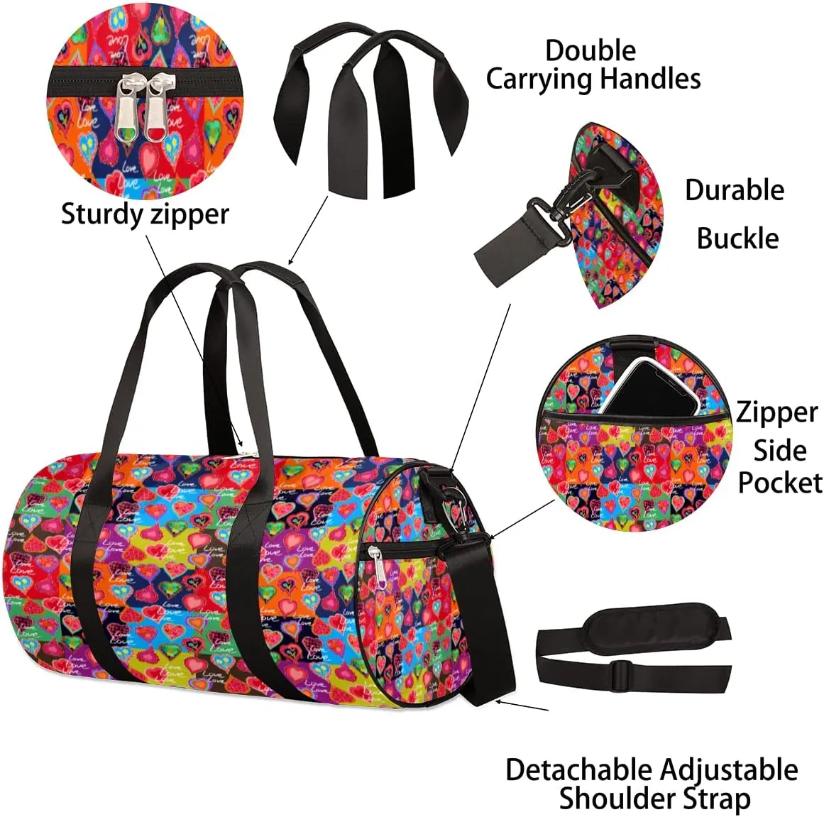 Love Heart Colorful Gym Bag Small Gym Duffel Bags for Men Women Overnight Weekender Bag Lightweight Sport Duffle Bag Carry On Gymbag