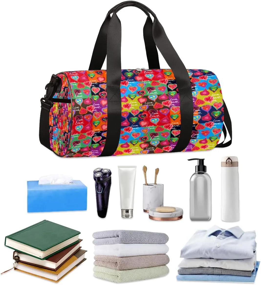 Love Heart Colorful Gym Bag Small Gym Duffel Bags for Men Women Overnight Weekender Bag Lightweight Sport Duffle Bag Carry On Gymbag