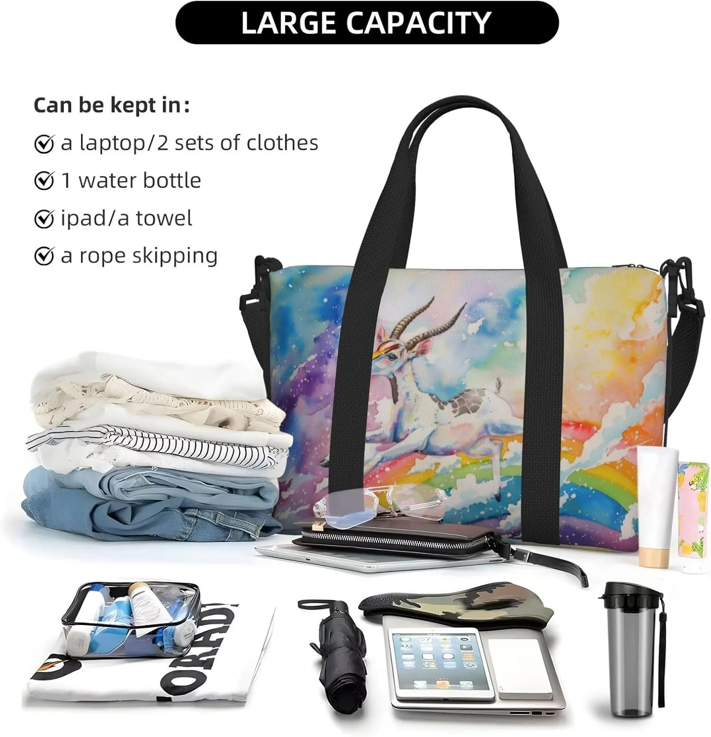 Lovely cute watercolor Antelope print Travel Duffel Bag, Sports Tote Gym Bag, Swim Pool Bag Large Shoulder Tote Bag for Beach Weekender