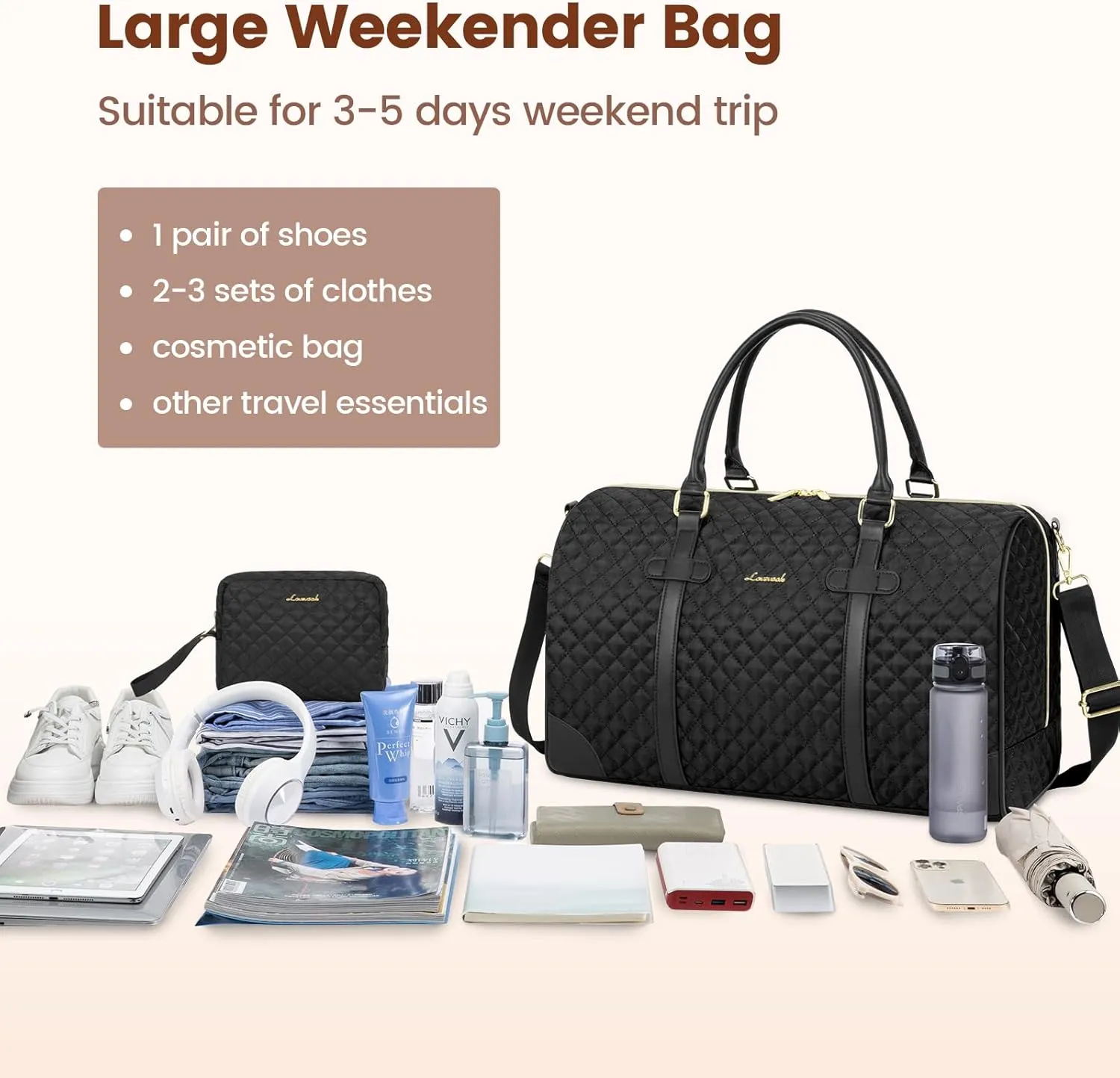 LOVEVOOK Travel Duffle Bag,Weekender Bags for Women with Toiletry Bag Carry on Overnight Bag with Shoe Bag Quilted Gym Bag with Wet Pocket Hospital Bag for Labor and Delivery(18 inch), Black-Black