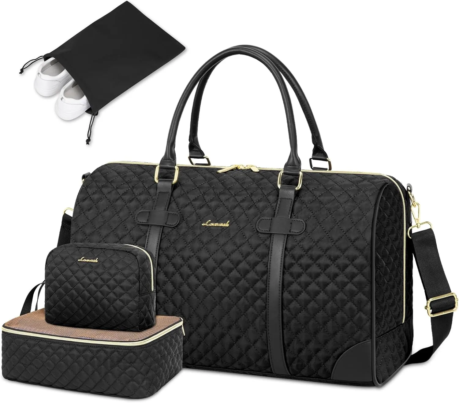 LOVEVOOK Travel Duffle Bag,Weekender Bags for Women with Toiletry Bag Carry on Overnight Bag with Shoe Bag Quilted Gym Bag with Wet Pocket Hospital Bag for Labor and Delivery(18 inch), Black-Black