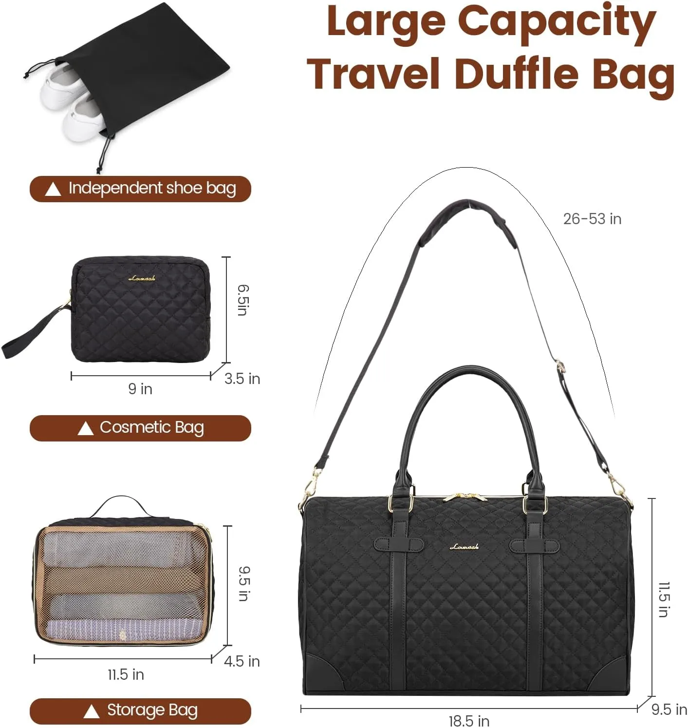 LOVEVOOK Travel Duffle Bag,Weekender Bags for Women with Toiletry Bag Carry on Overnight Bag with Shoe Bag Quilted Gym Bag with Wet Pocket Hospital Bag for Labor and Delivery(18 inch), Black-Black