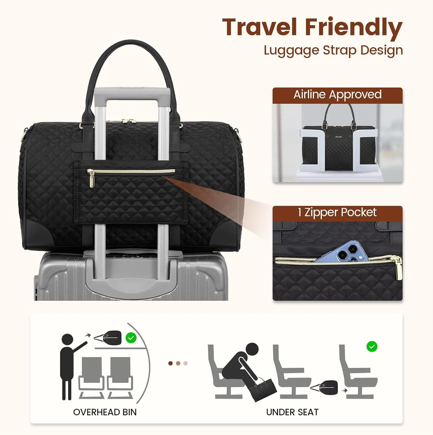 LOVEVOOK Travel Duffle Bag,Weekender Bags for Women with Toiletry Bag Carry on Overnight Bag with Shoe Bag Quilted Gym Bag with Wet Pocket Hospital Bag for Labor and Delivery(18 inch), Black-Black