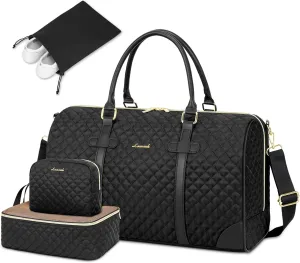 LOVEVOOK Travel Duffle Bag,Weekender Bags for Women with Toiletry Bag Carry on Overnight Bag with Shoe Bag Quilted Gym Bag with Wet Pocket Hospital Bag for Labor and Delivery(18 inch), Black-Black