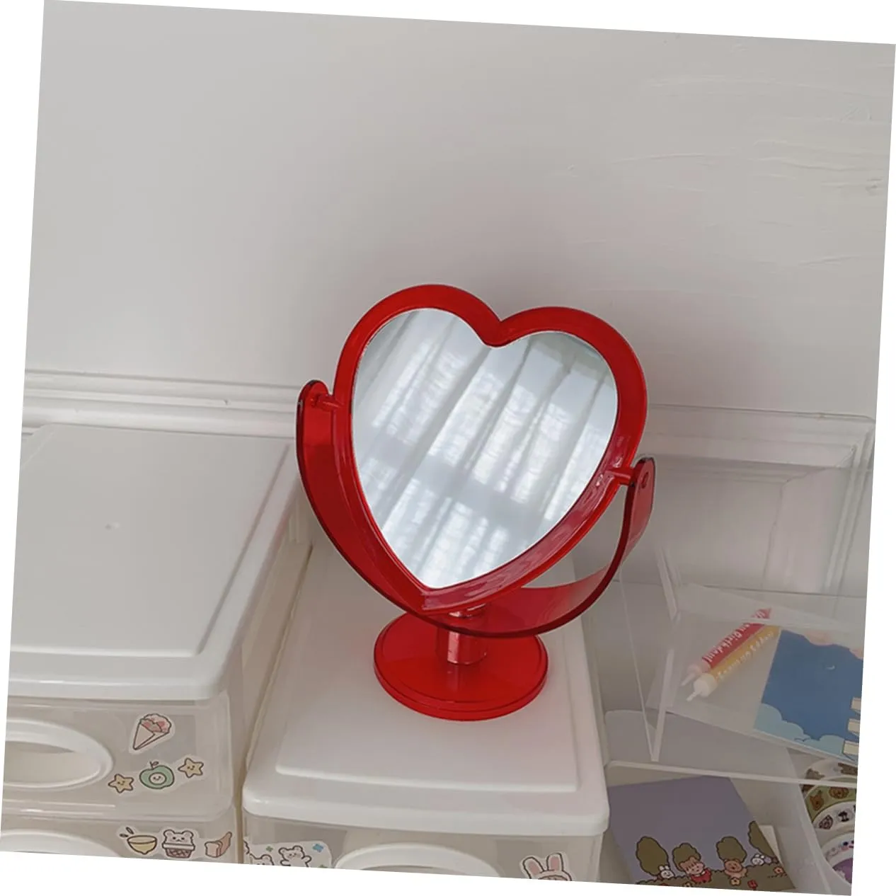 Loving Heart Mirror Two-Sided Acrylic Makeup Mirror with Angle and Stable Base for Home Decor and Desktop Use Red