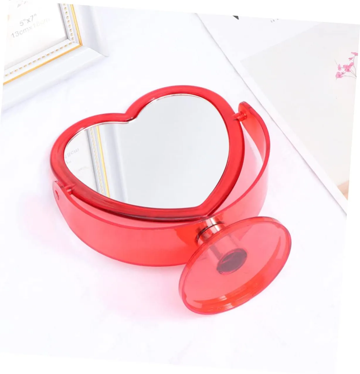 Loving Heart Mirror Two-Sided Acrylic Makeup Mirror with Angle and Stable Base for Home Decor and Desktop Use Red