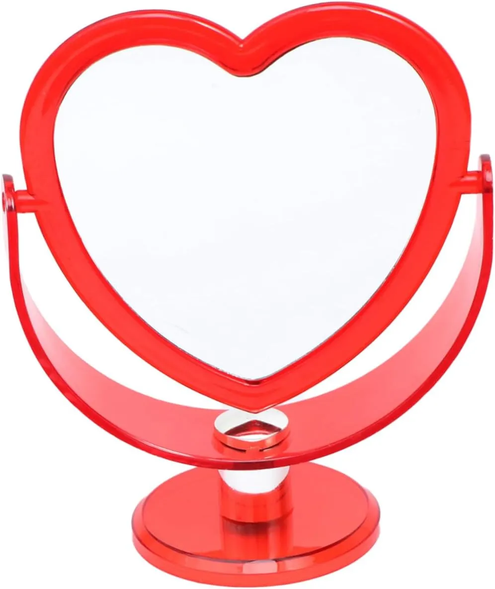 Loving Heart Mirror Two-Sided Acrylic Makeup Mirror with Angle and Stable Base for Home Decor and Desktop Use Red