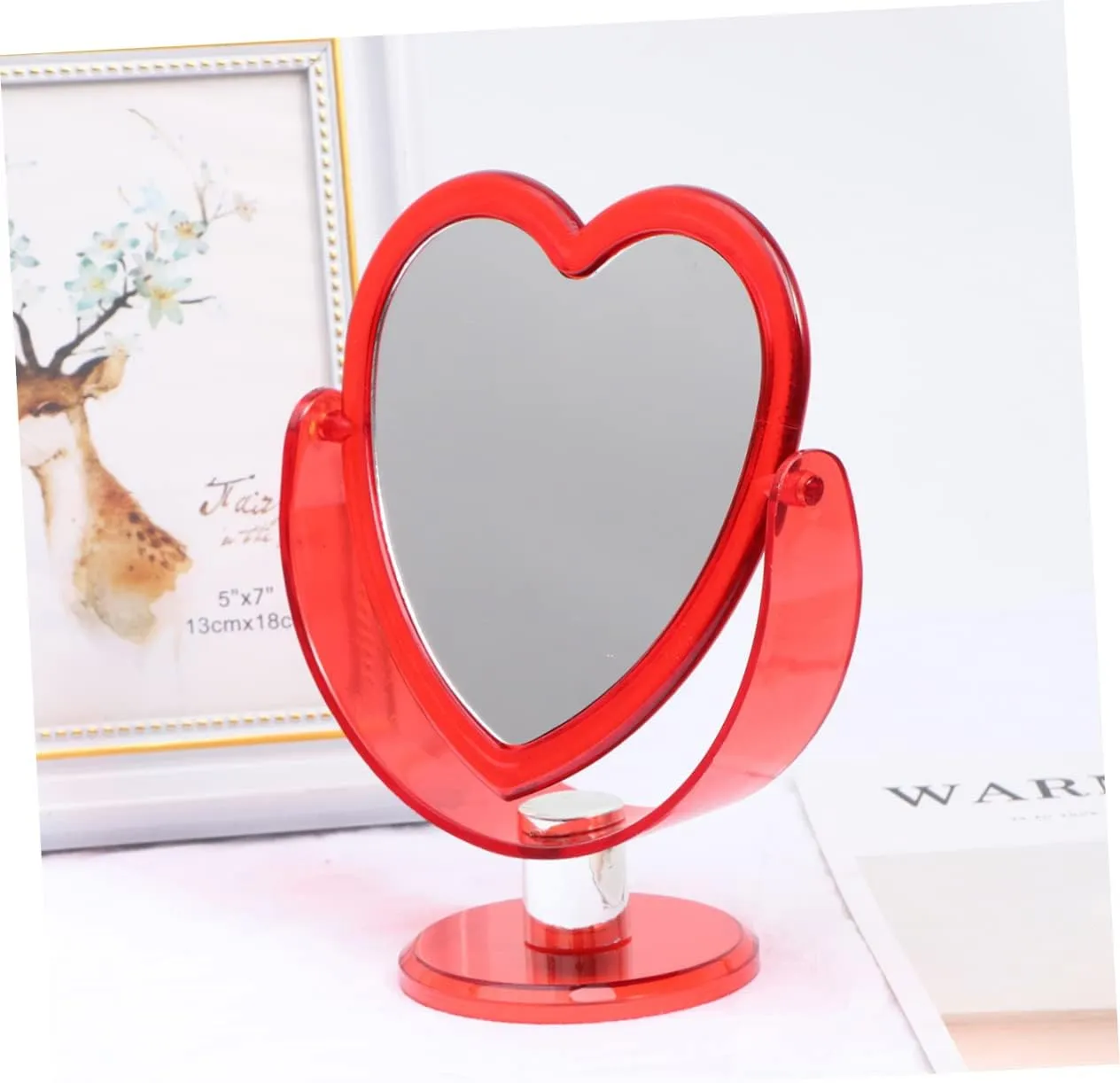 Loving Heart Mirror Two-Sided Acrylic Makeup Mirror with Angle and Stable Base for Home Decor and Desktop Use Red