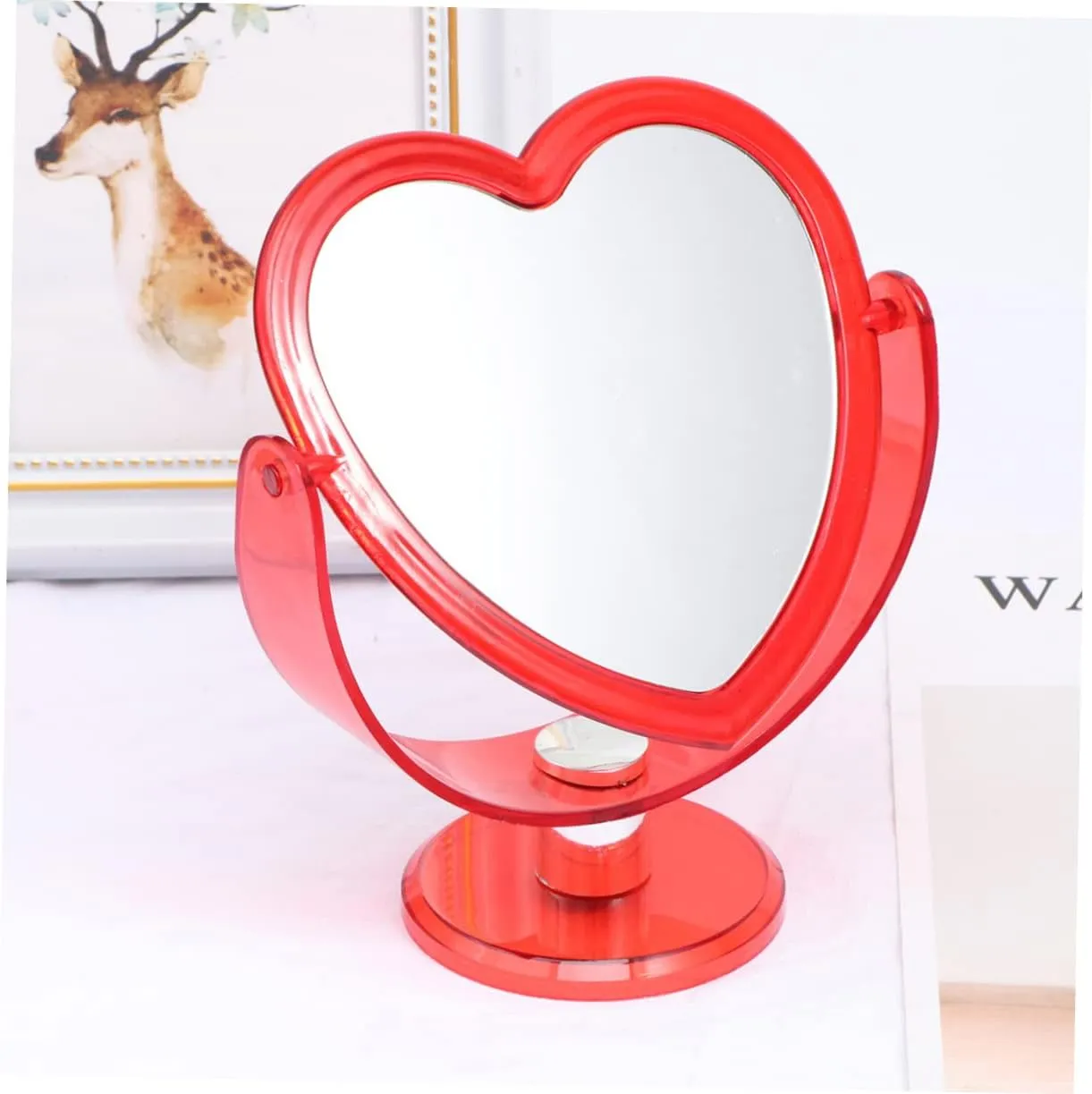 Loving Heart Mirror Two-Sided Acrylic Makeup Mirror with Angle and Stable Base for Home Decor and Desktop Use Red