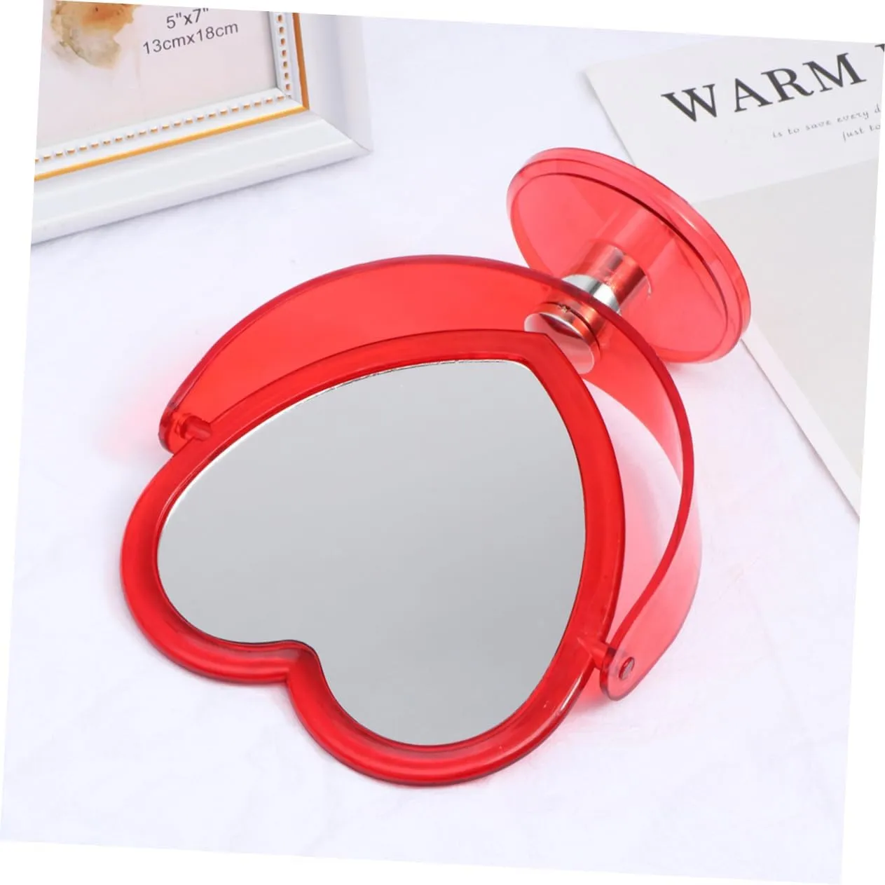 Loving Heart Mirror Two-Sided Acrylic Makeup Mirror with Angle and Stable Base for Home Decor and Desktop Use Red