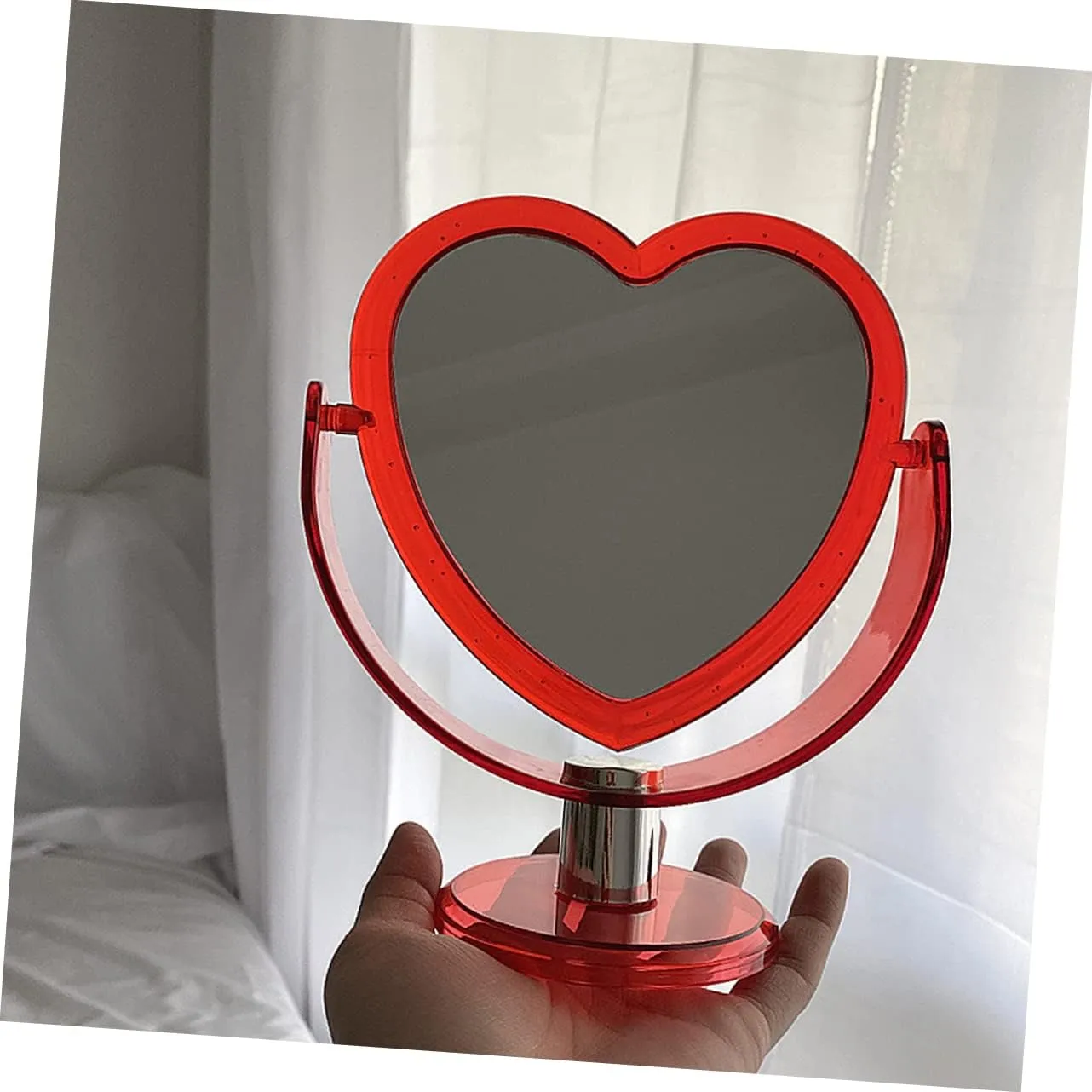 Loving Heart Mirror Two-Sided Acrylic Makeup Mirror with Angle and Stable Base for Home Decor and Desktop Use Red