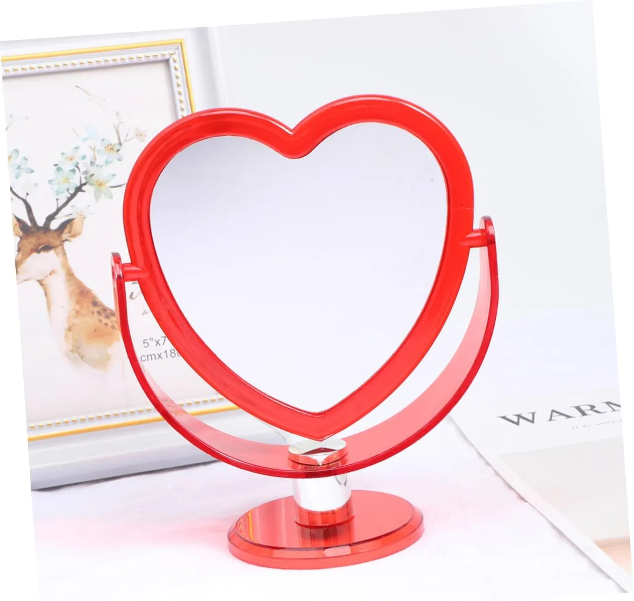 Loving Heart Mirror Two-Sided Acrylic Makeup Mirror with Angle and Stable Base for Home Decor and Desktop Use Red