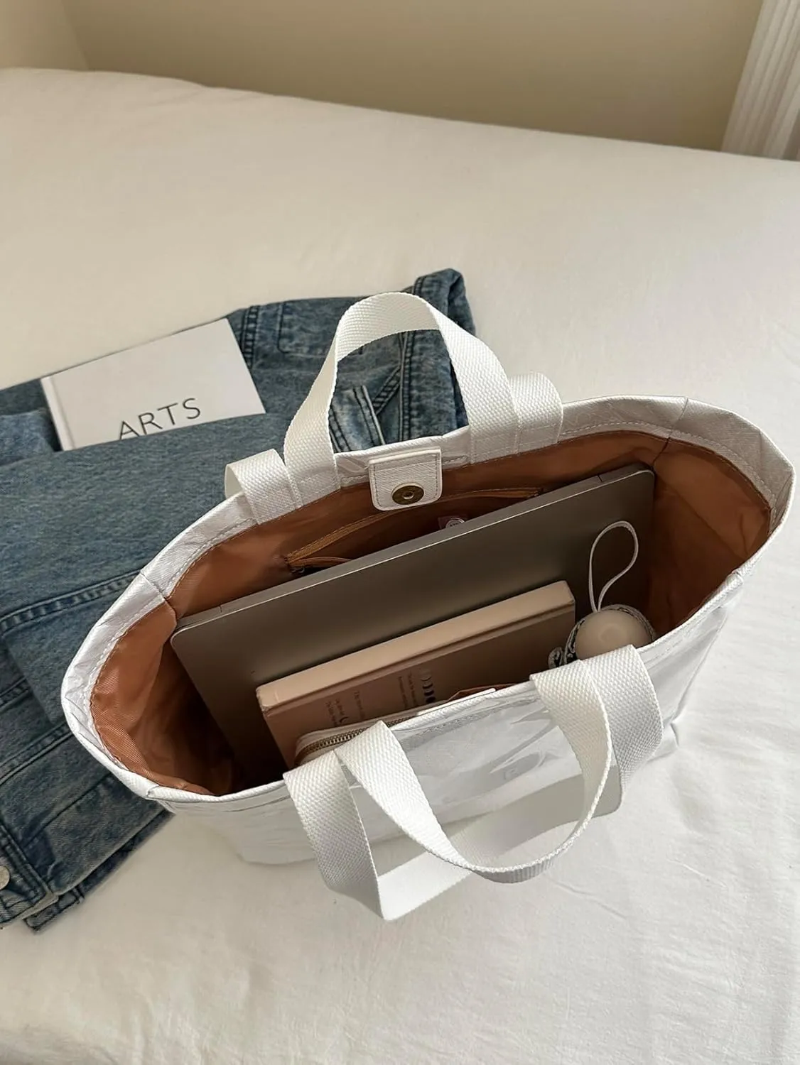 Lushandy PVC Shoulder Bag Kraft Paper Tote Bag for Women Letter Print Tote Handbag Clear PVC Viral Bag For Shopping Travel