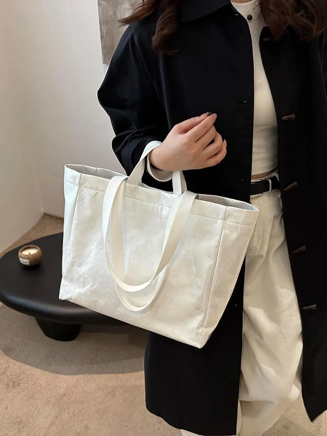 Lushandy PVC Shoulder Bag Kraft Paper Tote Bag for Women Letter Print Tote Handbag Clear PVC Viral Bag For Shopping Travel