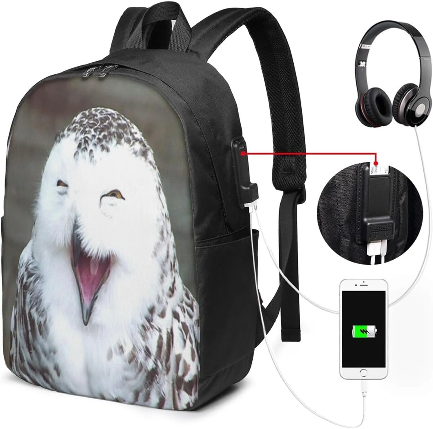 Made Happy Owl Portable Backpack, 17 Inch Travel Business Laptop Backpack With USB Port for Women Men