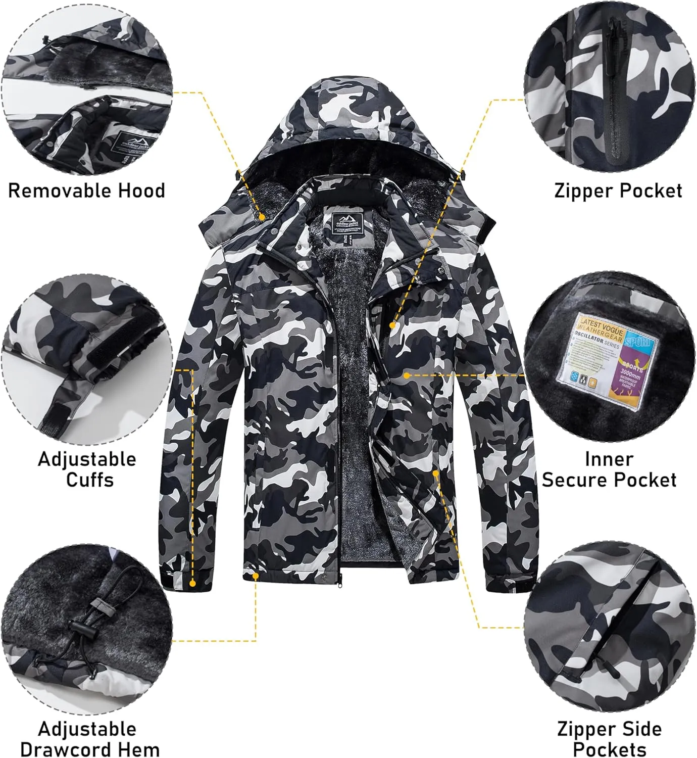 MAGCOMSEN Men's Winter Coats Ski Snow Rain Jackets Water Resistant with Hood Warm Fleece Parka Hiking Fishing Work