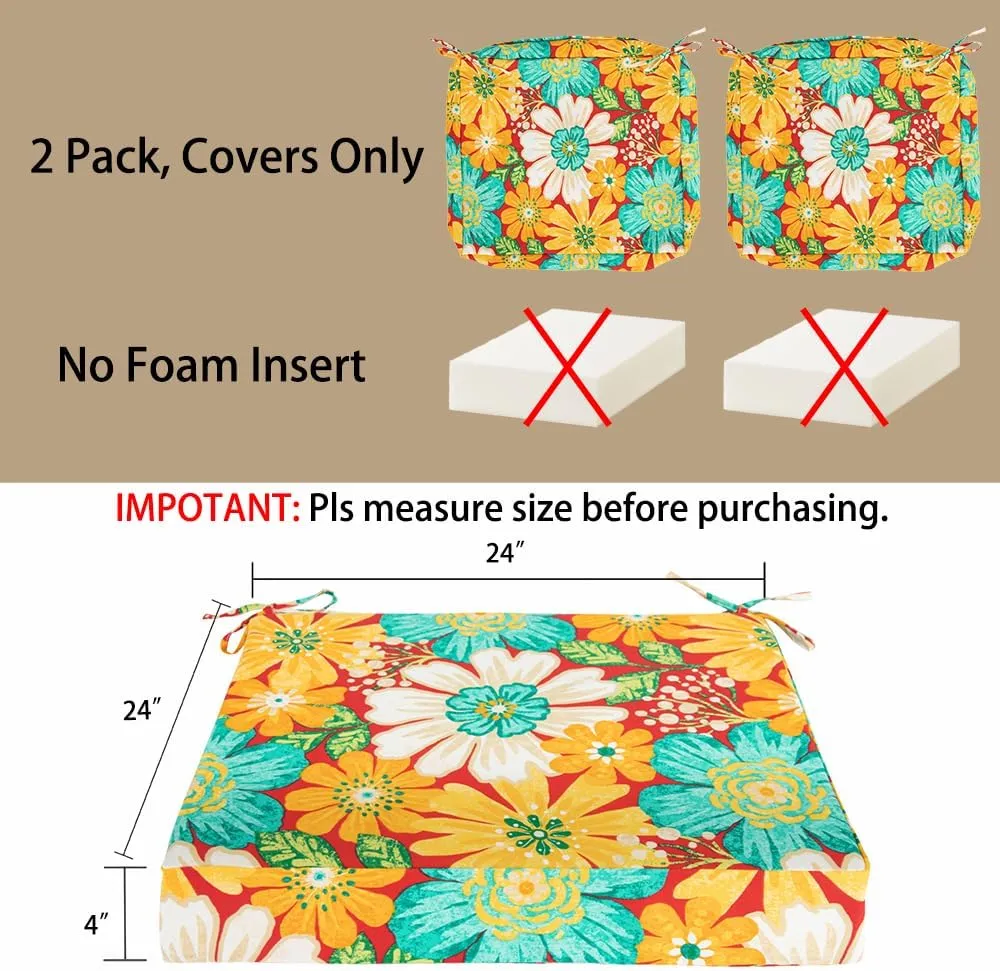 Magpie Fabrics Outdoor Cushion Cover Replacement 2 Pack, NO Insert! Water Repellent Slipcover with Ties Decor for Patio Garden Chair Sofa Bench Wicker(Embry Red Hibiscus, 24x24x4 Inch)