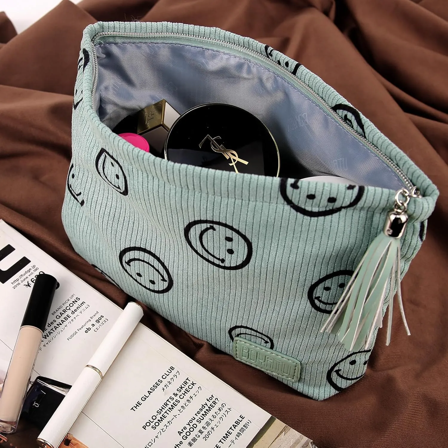 Makeup Bag Small Cosmetic Pouch: Cosmetic Bag for Purse - Cute Make up Bags with Tassel - Valentine's Day Gifts for Teen Girl (03-Blue)