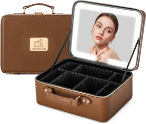 Makeup Bag with LDE Mirror- Portable Cosmetic Organizer for Travel Large Capacity Cosmetic Bag Storage Box (Brown)