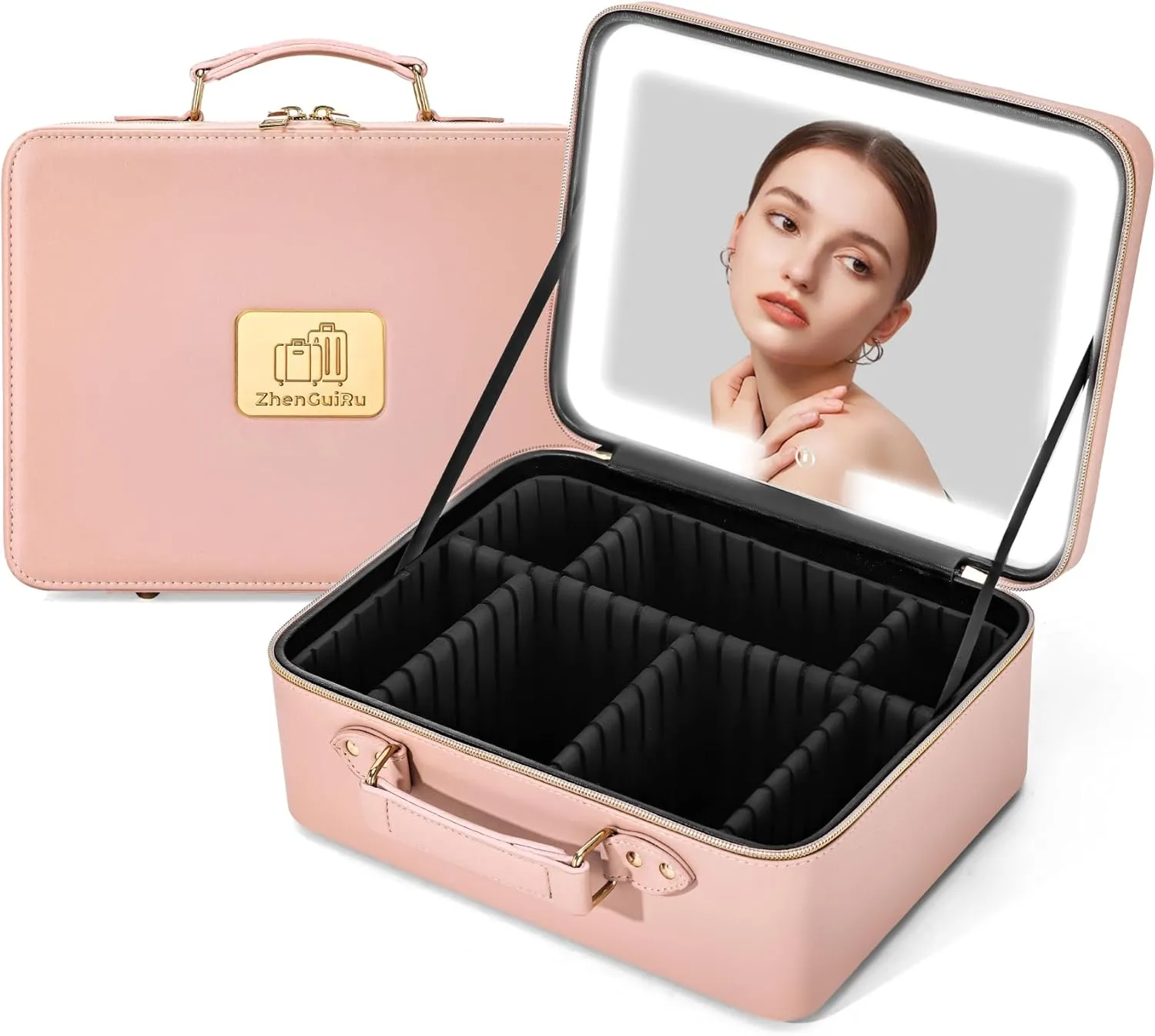 Makeup Bag with LDE Mirror- Portable Cosmetic Organizer for Travel Large Capacity Cosmetic Bag Storage Box (Pink)