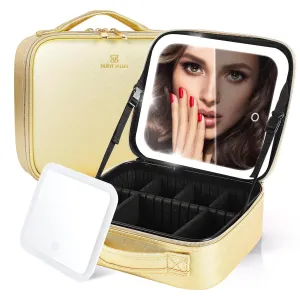 Makeup Bag with Led Mirror Detachable Cosmetic Train Case Portable Makeup Case with Mirror and Light Adjustable Dividers Professional Cosmetic Artist Organizer Makeup Brushes Toiletry Accessories