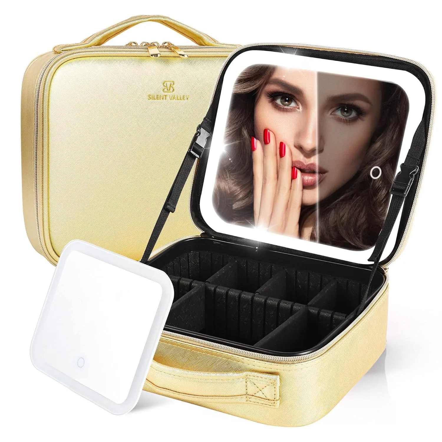 Makeup Bag with Led Mirror Detachable Cosmetic Train Case Portable Makeup Case with Mirror and Light Adjustable Dividers Professional Cosmetic Artist Organizer Makeup Brushes Toiletry Accessories