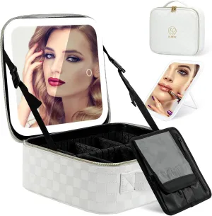 Makeup Bag with Light up Detachable Mirror 3 Color Scenarios Adjustable Brightness Large Cosmetic Organizer Storage Adjustable Dividers Waterproof Makeup Brushes Toiletry Gift White