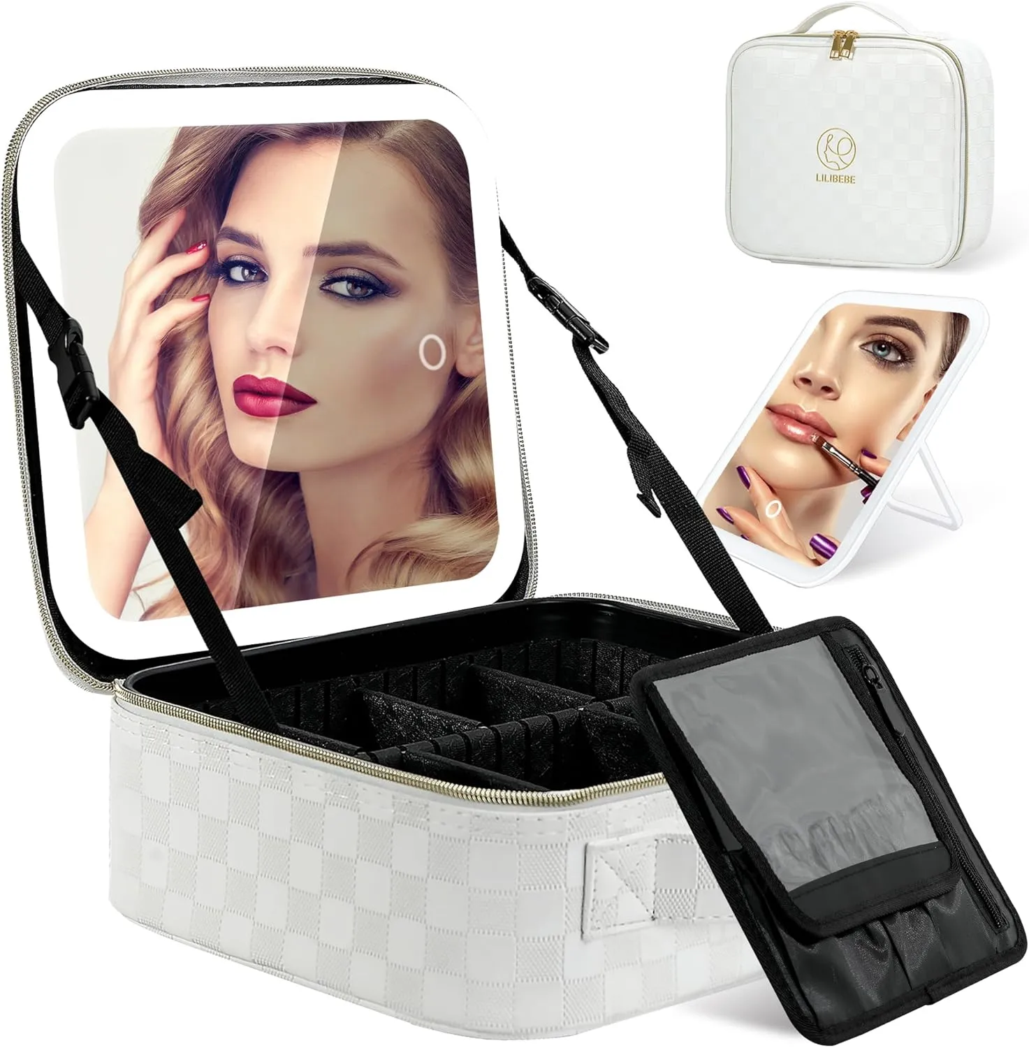 Makeup Bag with Light up Detachable Mirror 3 Color Scenarios Adjustable Brightness Large Cosmetic Organizer Storage Adjustable Dividers Waterproof Makeup Brushes Toiletry Gift White