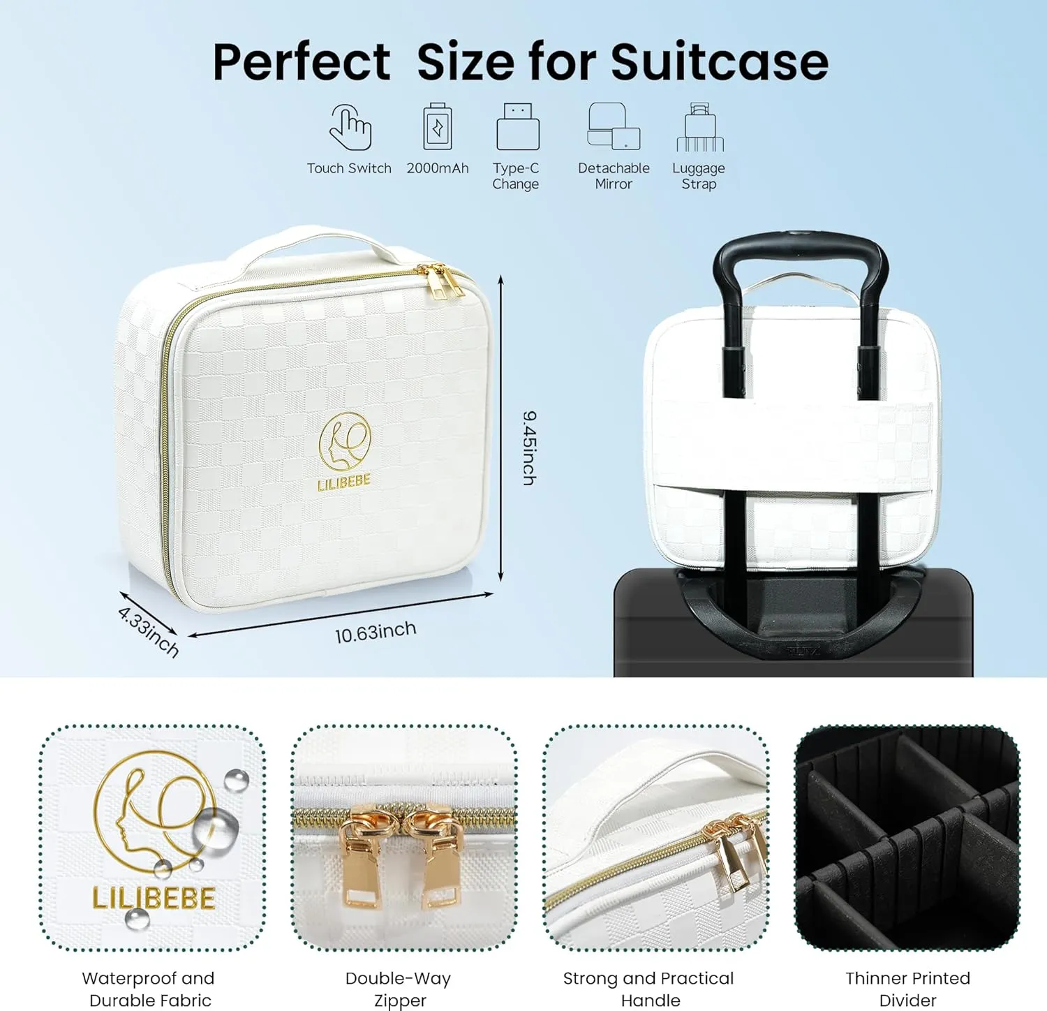 Makeup Bag with Light up Detachable Mirror 3 Color Scenarios Adjustable Brightness Large Cosmetic Organizer Storage Adjustable Dividers Waterproof Makeup Brushes Toiletry Gift White