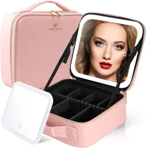 Makeup Bag with Mirror and Light Travel Makeup Bag Makeup Train Case Cosmetic Organzier Portable Artist Bag with Adjustable Dividers Makeup Brushes Storage Organizer Gift for Women Pink