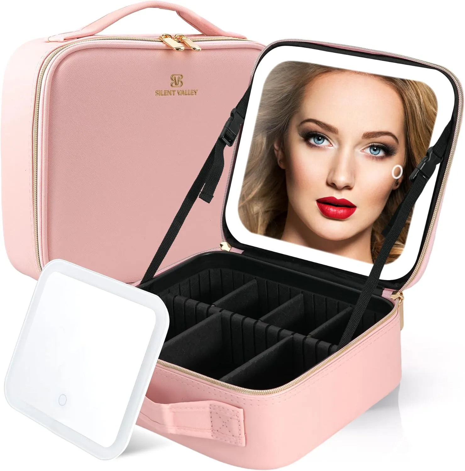 Makeup Bag with Mirror and Light Travel Makeup Bag Makeup Train Case Cosmetic Organzier Portable Artist Bag with Adjustable Dividers Makeup Brushes Storage Organizer Gift for Women Pink