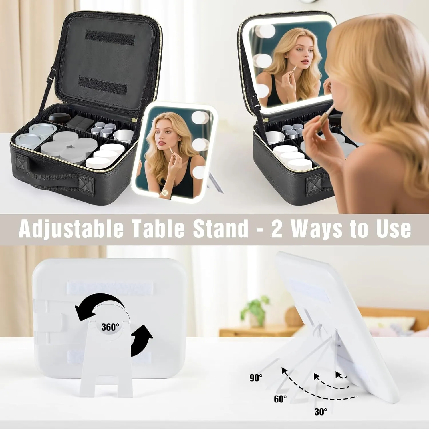 Makeup Bag with Removable Lighted Mirror, Travel Make up Bag with Lights Portable Makeup Case Organizer with Mirror 360° Adjustable Angle, Partitionable Cosmetic Bag Accessories Makeup Train Case Gift