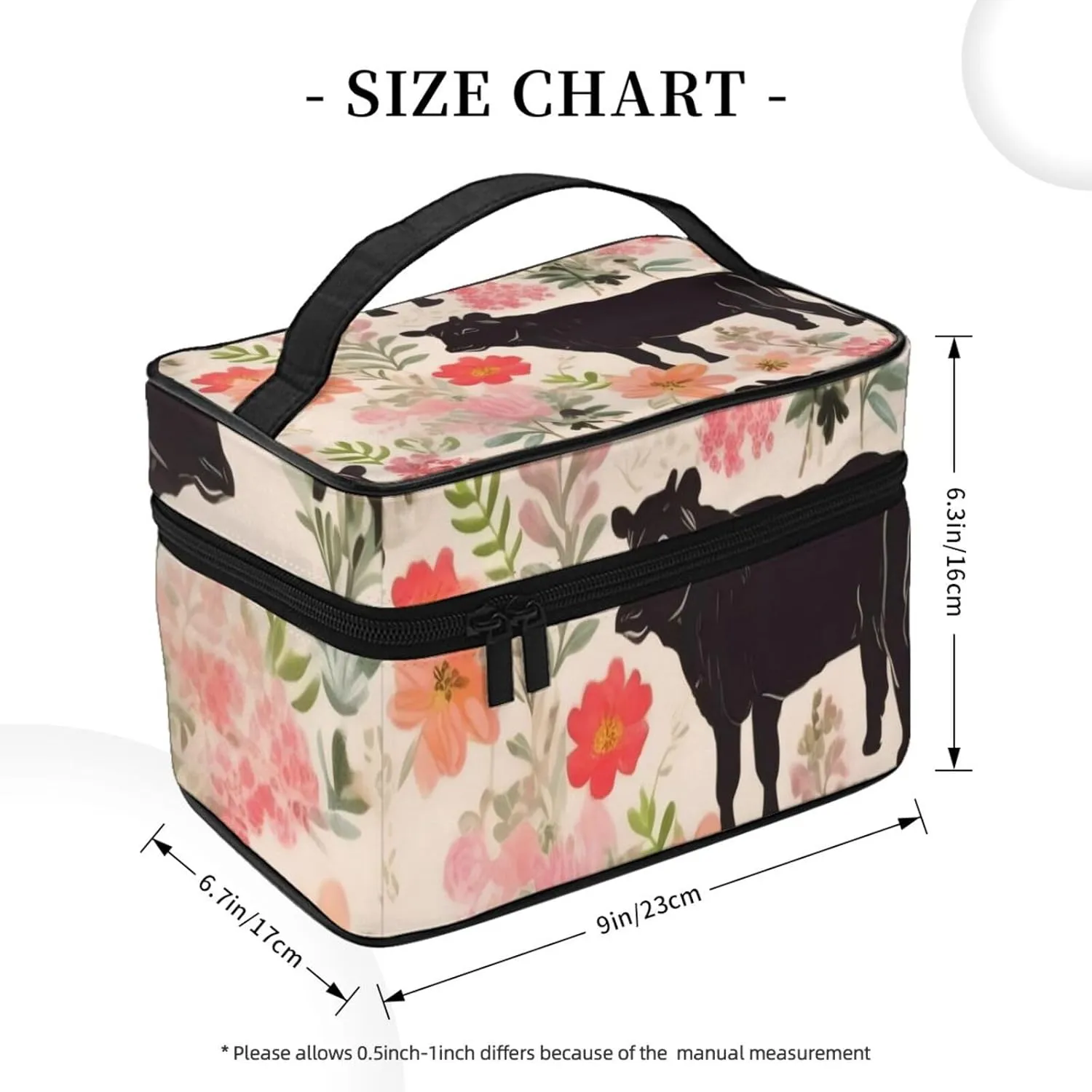 Makeup Bags Portable Travel Cosmetic Bag For Women, Zipper Makeup Organizer,Cute Pink Flower Show Steer Cows Cattle Cosmetic Bag