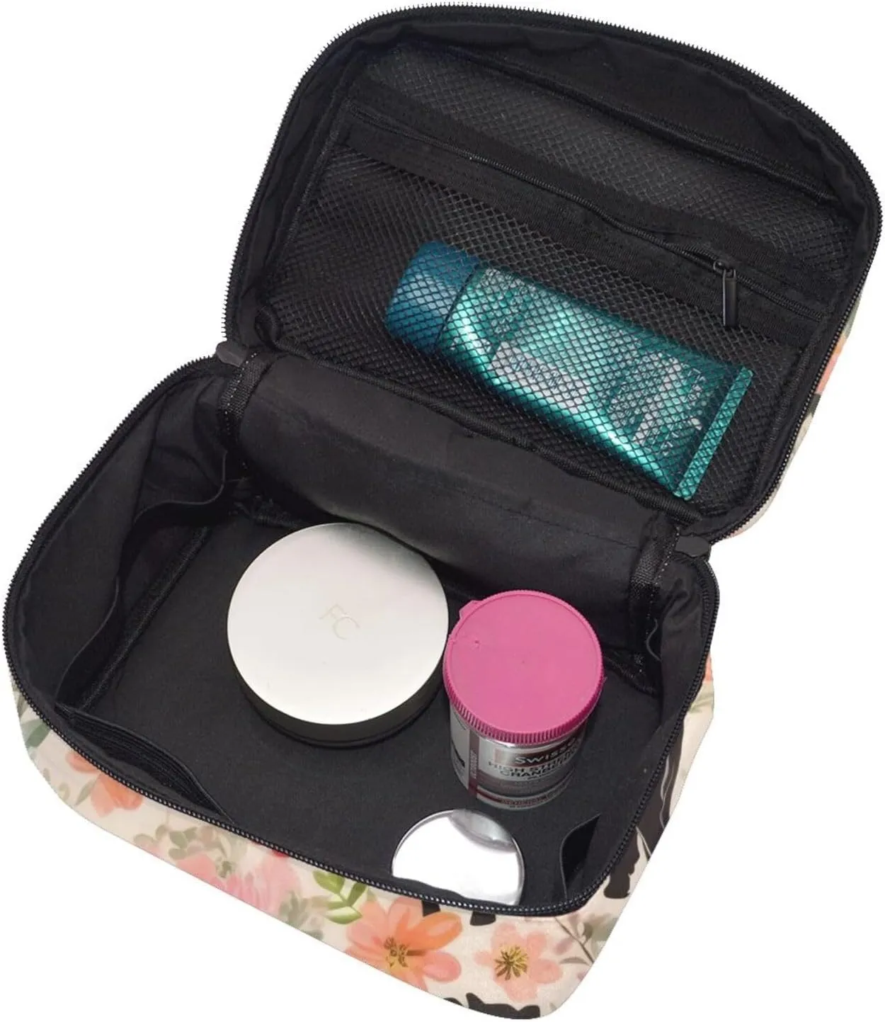 Makeup Bags Portable Travel Cosmetic Bag For Women, Zipper Makeup Organizer,Cute Pink Flower Show Steer Cows Cattle Cosmetic Bag