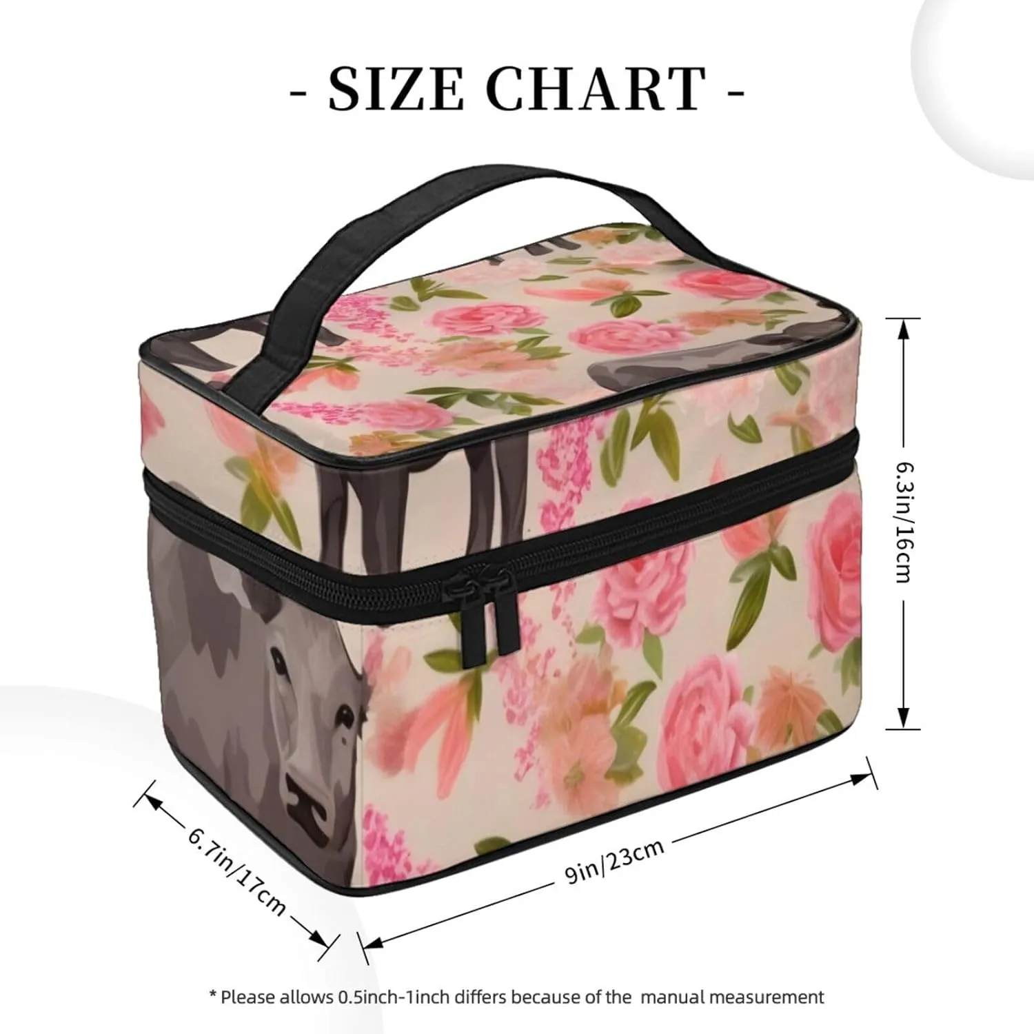 Makeup Bags Portable Travel Cosmetic Bag For Women, Zipper Makeup Organizer,Cute Pink Flower Show Steer Cows Cattle Cosmetic Bag