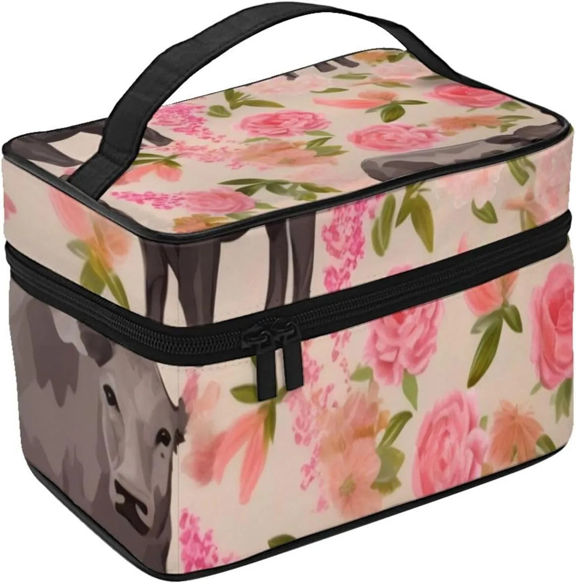 Makeup Bags Portable Travel Cosmetic Bag For Women, Zipper Makeup Organizer,Cute Pink Flower Show Steer Cows Cattle Cosmetic Bag