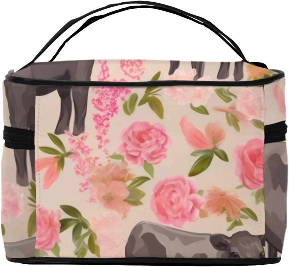 Makeup Bags Portable Travel Cosmetic Bag For Women, Zipper Makeup Organizer,Cute Pink Flower Show Steer Cows Cattle Cosmetic Bag