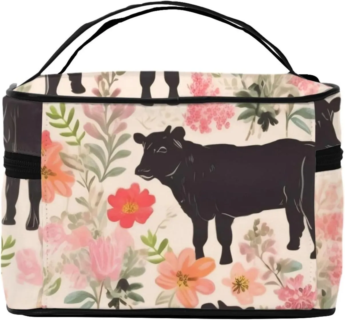 Makeup Bags Portable Travel Cosmetic Bag For Women, Zipper Makeup Organizer,Cute Pink Flower Show Steer Cows Cattle Cosmetic Bag