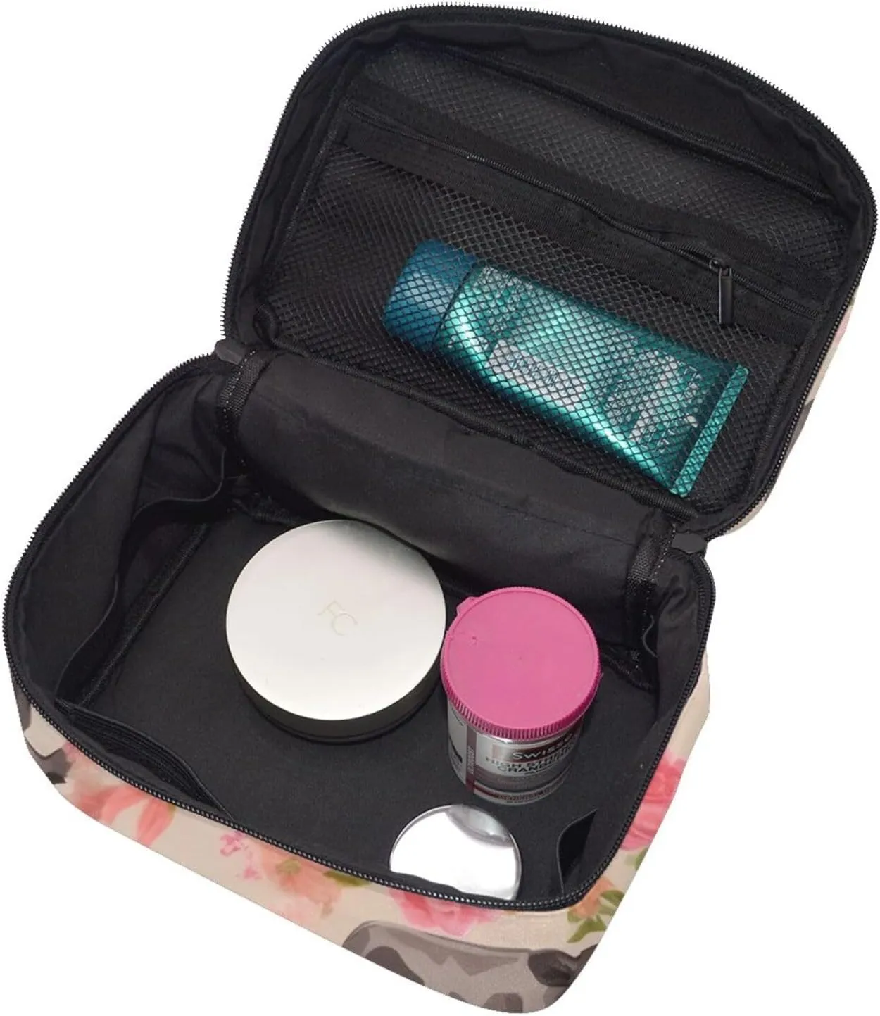 Makeup Bags Portable Travel Cosmetic Bag For Women, Zipper Makeup Organizer,Cute Pink Flower Show Steer Cows Cattle Cosmetic Bag