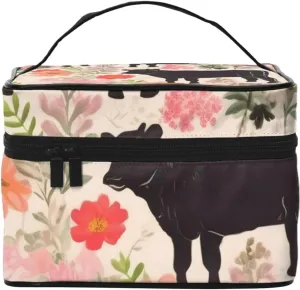 Makeup Bags Portable Travel Cosmetic Bag For Women, Zipper Makeup Organizer,Cute Pink Flower Show Steer Cows Cattle Cosmetic Bag