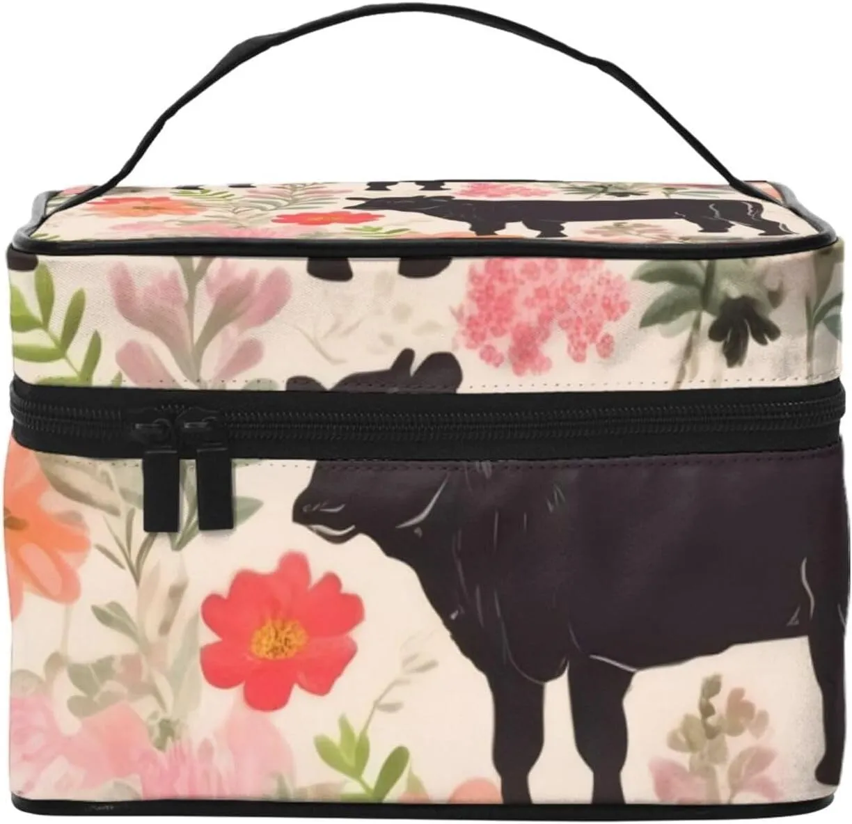 Makeup Bags Portable Travel Cosmetic Bag For Women, Zipper Makeup Organizer,Cute Pink Flower Show Steer Cows Cattle Cosmetic Bag